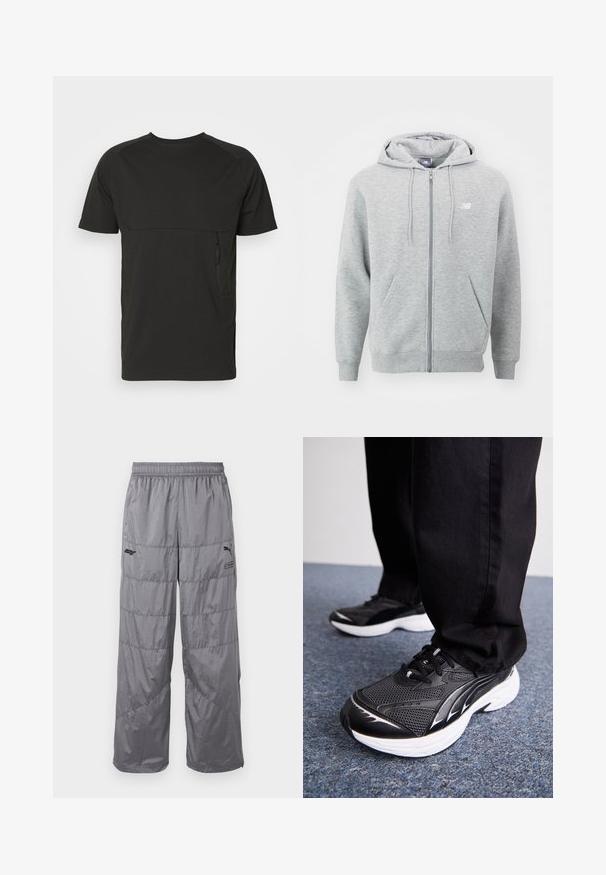 Šedá mikina na zip vyrobená z měkké tkaniny. Má přední zip, dvě boční kapsy a kapuci se stahovacími šňůrkami. Bílý logo na hrudi.; Černé tričko s krátkým rukávem vyrobené z měkké tkaniny, se horizontální kapsou na zip na hrudi a bočními rozparky na spodním okraji pro větší pohodlí.; Šedé péřové kalhoty s elastickým pasem, vybavené prošívaným vzorem a malým černým logem na levém stehně. Lehký materiál.; Černé sportovní boty s síťovinou, bílou podrážkou a černými akcenty. Podešev má texturovaný vzor. Nosené s černými kalhotami na modrém kobercovém povrchu.