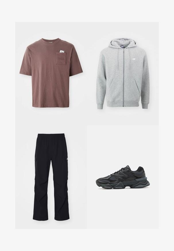 Grå zip-up hettegenser laget av myk stoff. Har en frontglidelås, to sidelommer og en hette med snøring. Hvit logo på brystet.; Brun bomull T-skjorte med kortermet. Har en brystlomme med et grafisk bilde av en katt som titter ut, og ordet "PUMA" preget på lommen.; Svart cargo bukser laget av lett materiale, med elastisk midjebånd, sidelommer og rett ben design.; Svart løpesko med en blanding av mesh og syntetiske materialer, chunky såle, buet design og fremtredende merkevare på siden.