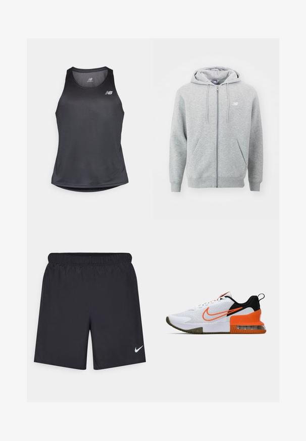 Gray zip-up hoodie made from soft fabric. Features a front zipper, two side pockets, and a hood with drawstrings. White logo on the chest.; Black athletic tank top made of moisture-wicking fabric, featuring a round neckline and subtle ribbed texture, with a white logo on the chest.; Black athletic shorts made of lightweight material with an elastic waistband. Features a small white Nike logo on the lower left side.; White athletic shoe with a textured mesh upper, black and orange accents, a thick rubber sole, and a clear air cushion section at the heel.