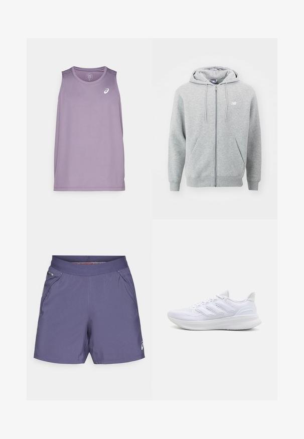 Grijze hoodie met rits gemaakt van zachte stof. Beschikt over een voorkant met rits, twee zijzakken en een capuchon met trekkoorden. Witte logo op de borst.; Paarse sportieve tanktop met een ronde halslijn en zonder mouwen. Bevat een klein wit logo op de borst. Gemaakt van lichtgewicht stof.; Heren sportshorts in paars, gemaakt van lichtgewicht stof. Voorzien van een elastische tailleband en zijzakken met een klein logo op de zoom.; Witte sportschoenen met een gestructureerde mesh bovenkant, een ondersteunende gevoerde zool en een ontwerp met drie strepen aan de zijkant.
