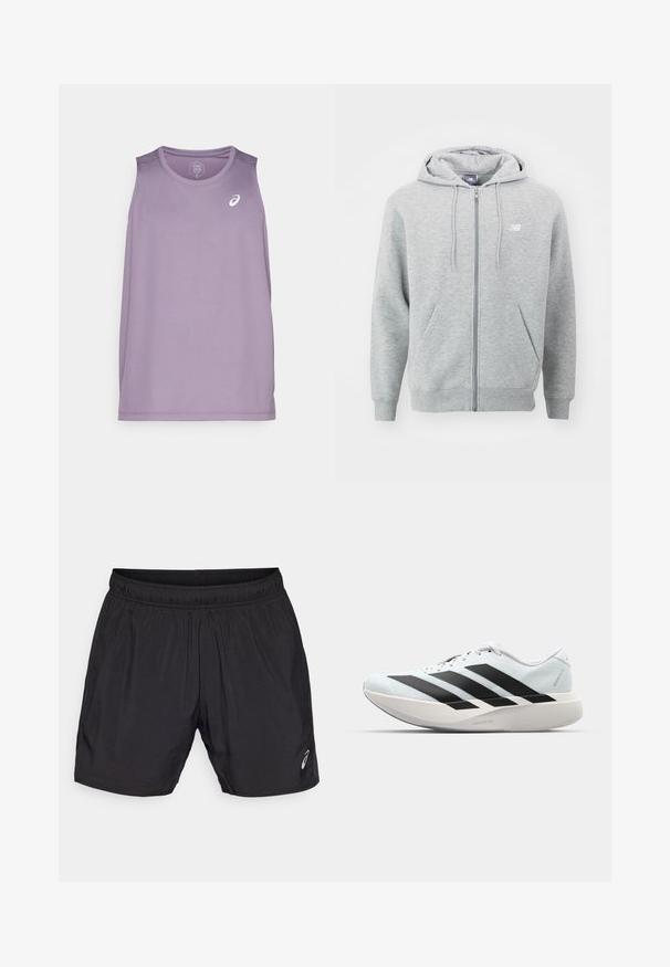 Felpa grigia con zip realizzata in tessuto morbido. Presenta una cerniera frontale, due tasche laterali e un cappuccio con coulisse. Logo bianco sul petto.; Canottiera sportiva viola con scollo rotondo e senza maniche. Presenta un piccolo logo bianco sul petto. Realizzata in tessuto leggero.; Pantaloni sportivi neri realizzati in materiale leggero, con una vita elastica e un piccolo logo sul lato sinistro inferiore.; Scarpe da corsa leggere di colore azzurro pallido con strisce nere. Presentano una tomaia liscia, punta rotonda e un'ampia intersuola bianca etichettata "LIGHTSTRIKE PRO."