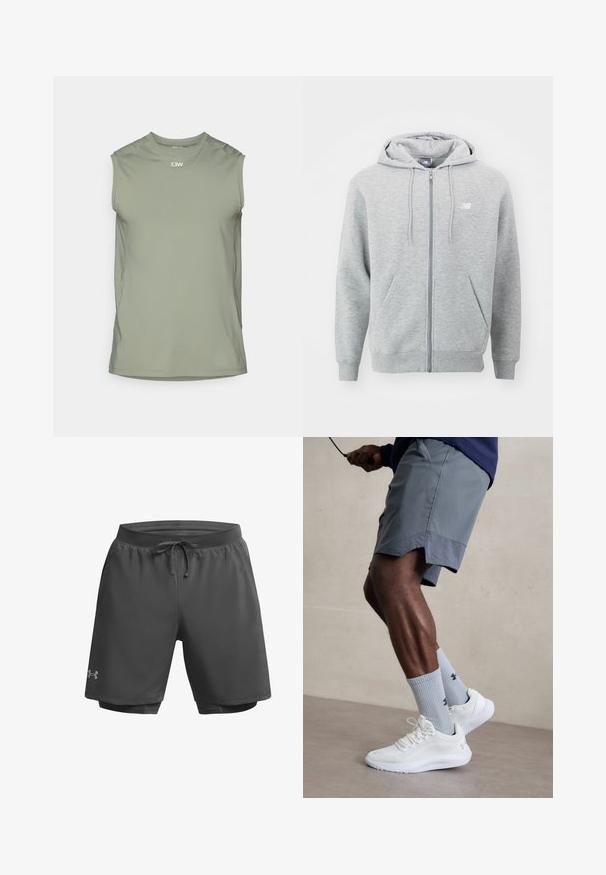 Pilka zip-up bliuzonas, pagamintas iš minkštos medžiagos. Yra priekinis užtrauktukas, dvi šoninės kišenės ir gobtuvas su raišteliais. Balta logo ant krūtinės.; Beigalių sportinis marškinėliai alyvuogių spalvos, su tinklelio intarpais, užtikrinančiais oro pralaidumą, apykaklė su apvaliu iškirpimu ir subtilus logotipas priekyje.; Tamsiai pilkos sportinės šortai su elastinga juosta, reguliuojama raišteliu ir vidine tinkline danga; ant kairiojo kojos yra subtilus logotipas.; Balti sportiniai bateliai su tekstūruotu tinkleliu viršuje, derinami su šviesiai mėlynomis ribotomis kojinėmis su logotipu. Pilki sportiniai šortai su perforuota apdaila.