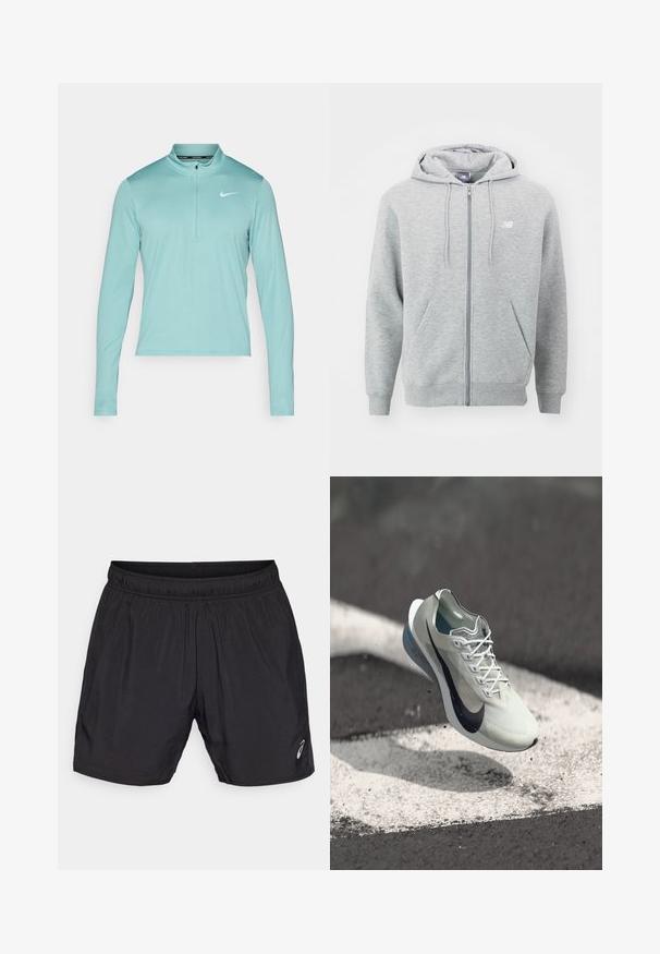 Felpa grigia con zip realizzata in tessuto morbido. Presenta una cerniera frontale, due tasche laterali e un cappuccio con coulisse. Logo bianco sul petto.; Maglietta sportiva a maniche lunghe di un azzurro chiaro, con colletto a zip e logo Nike bianco sul lato sinistro del petto. Tessuto liscio e elastico.; Pantaloni sportivi neri realizzati in materiale leggero, con una vita elastica e un piccolo logo sul lato sinistro inferiore.; Scarpa da corsa Nike bianca e nera sospesa sopra una superficie asfaltata con segnaletica stradale bianca e piccoli detriti.