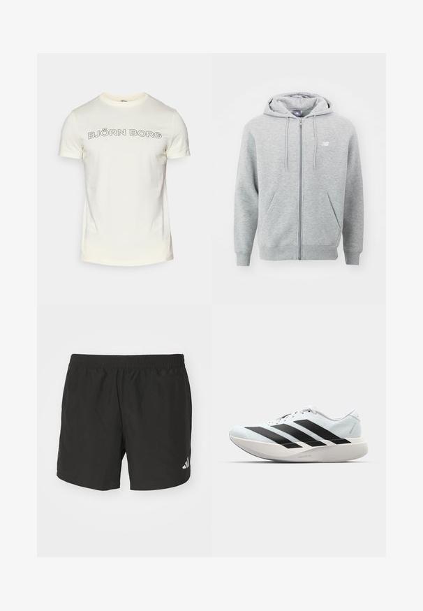 Haut à capuche zippé gris en tissu doux. Il comprend une fermeture éclair à l'avant, deux poches latérales et une capuche avec des cordons de serrage. Logo blanc sur la poitrine.; T-shirt en coton couleur crème à manches courtes, avec un texte noir audacieux "BJÖRN BORG" sur la poitrine dans une police arrondie.; Shorts de sport noirs avec une taille élastique, des fentes sur les côtés et des accents de logo réfléchissants. Fabriqués en tissu léger et lisse.; Baskets de course légères en bleu pâle avec des rayures noires. Elles présentent un dessus lisse, un embout rond et une semelle intermédiaire blanche épaisse étiquetée "LIGHTSTRIKE PRO".