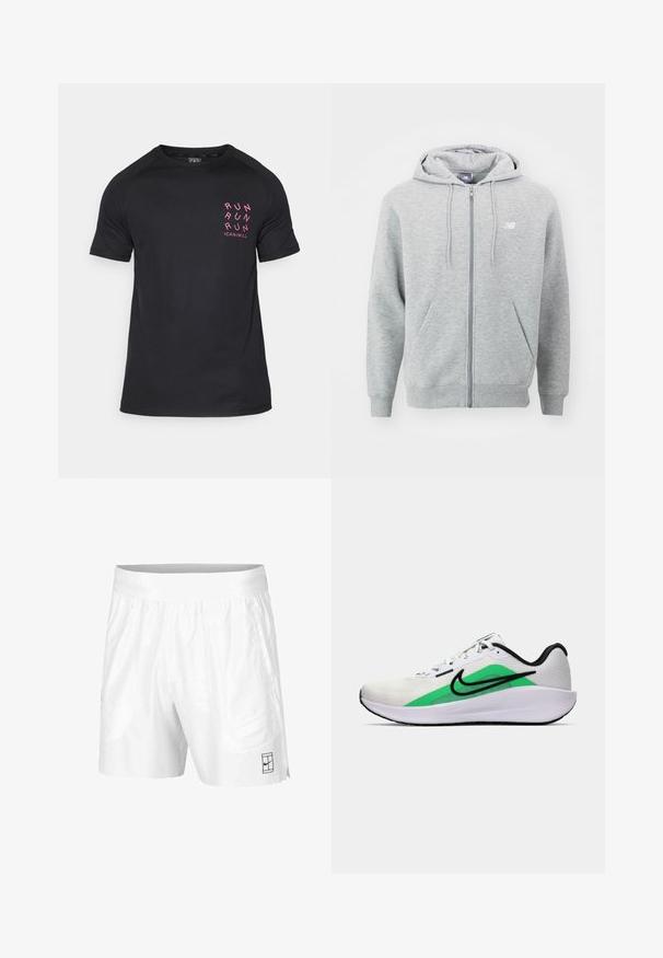 Grijze hoodie met rits gemaakt van zachte stof. Beschikt over een voorkant met rits, twee zijzakken en een capuchon met trekkoorden. Witte logo op de borst.; Zwarte sport T-shirt met korte mouwen, ronde halslijn en roze tekst "RUN RUN RUN" op de linkerkant van de borst. Soepele, lichtgewicht stof.; Witte sportshorts gemaakt van lichtgewicht stof met een elastische tailleband, voorzien van twee zijzakken en een klein zwart logo op de zoom.; Witte sportieve schoen met een groene accenta, zwart logo, bovenwerk van mesh, gevoerde zool en een afgeronde hak. Voorzien van veters en contrasterende details.