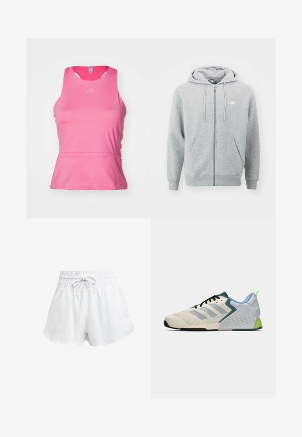 Szürke, cipzáras kapucnis pulóver puha anyagból. Elöl cipzárral, két oldalsó zsebbel és húzózsinórral ellátott kapucnival rendelkezik. Fehér logó a mellkason.; Rózsaszín sportos ujjatlan felső, sima, könnyű anyagból. Kerek nyakkivágású, ujjatlan kialakítású, és diszkrét logó található a mellrészen.; Fehér sportcipőnadrág rugalmas derékrésszel és állítható húzózsinórral. Könnyű anyagból készült, oldalzsebekkel rendelkezik és laza szabású.; Könnyű sportcipők, krémszínű hálós felsőrésszel, szürke csíkokkal, zöld díszítéssel és strukturált kék sarokpárral. Fekete cipőfűzők.