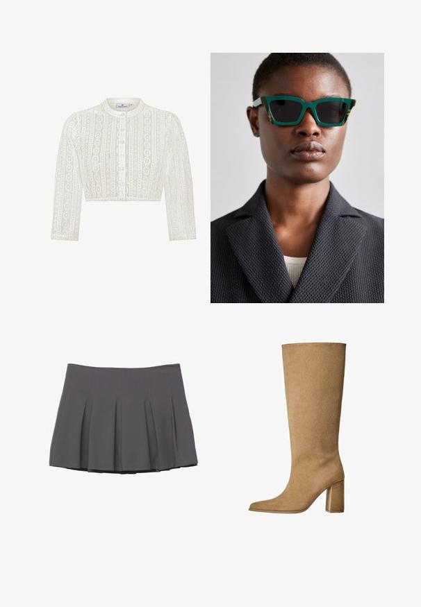 Beige Woll-Strickjacke mit rundem Ausschnitt, langen Ärmeln und Knopfleiste. Verfügt über gerippte Bündchen und Saum sowie eine weiche, strukturierte Oberfläche.; Weißes Spitzen-Cropped-Cardigan mit rundem Ausschnitt, langen Ärmeln, Knopfverschlüssen und vertikalen Blumenmustern. Weicher Stoff, zartes Design.; Grauer gefalteter Rock mit glatter Textur, der gestickte Details und einen taillierten Bund aufweist und in einer Länge bis zur Mitte des Oberschenkels abschließt.; Hellbraune Wildleder-Stiefel bis zum Knie mit Blockabsatz, spitz zulaufender Zehenform und glatter Textur. Minimalistisches Design ohne Verzierungen.; Grüne und gemusterte Sonnenbrille mit einem geometrischen Rahmen; dunkle Gläser; das Model trägt ein strukturiertes schwarzes Sakko über einem hellen Oberteil.; Schwarze synthetische Schultertasche mit geschwungenem Silhouette, strukturiertem Finish, goldenem Dreiecks-Logo und abnehmbaren Hardware-Akzenten.