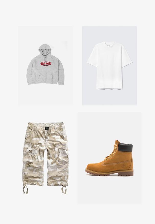 Grijze zip-up hoodie met een rood geborduurd logo op de voorkant, voorzien van een capuchon met trekkoord en twee voorzakken. Zachte katoenmix.; Effen witte kortemouwen relaxte T-shirt plat neergelegd op een lichtgrijze achtergrond.; Beige camouflage cargo shorts met meerdere zakken, knoopsluiting en koordjes aan de zoom, gemaakt van lichtgewicht, duurzaam materiaal.; Tan suède enkelboot met zwart gevoerd kraagje, gouden metalen oogjes, witte stikdetails en een robuuste rubberen zool met uitgesproken profiel.