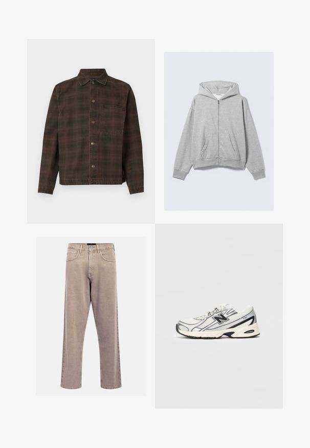 Sudadera con cremallera gris hecha de tela suave, con capucha, puños acanalados y bolsillos frontales con un ajuste relajado. Etiqueta: WEEKDAY.; Chaqueta de cuadros marrones con cierre de botones en la parte delantera, cuello y un bolsillo en el pecho. Hecha de tela texturizada con botones metálicos.; Jean rectos de mezclilla en color beige, con un diseño clásico de cinco bolsillos, acentos cosidos y un acabado de dobladillo limpio.; Zapatilla deportiva blanca y gris con logo negro "N", parte superior de malla, suela acolchada y diseño de cordones, presentada sobre un fondo gris claro liso.
