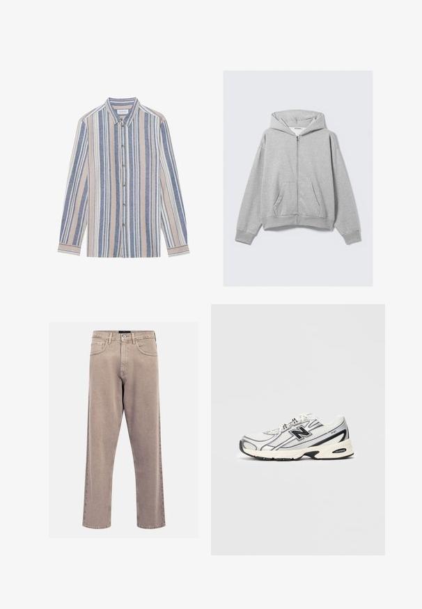 Grijze zip-up hoodie van zachte stof, met een capuchon, geribde manchetten en voorzakken, met een losse pasvorm. Label: WEEKDAY.; Overhemd met lange mouwen, voorzien van verticale strepen in blauw, beige en wit. Gemaakt van een textuurstof, met een kraag en metalen knopen.; Beige straight-leg jeans van denim, met een klassiek vijf-pocket ontwerp, gestikte accenten en een nette zoomafwerking.; Witte en grijze sport sneaker met zwart "N" logo, mesh bovenwerk, gevoerde zool en vetersluiting, weergegeven op een effen lichtgrijze achtergrond.