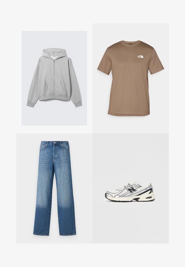 Pilkas užtrauktukas džemperis, pagamintas iš minkštos medžiagos, su gobtuvu, raukšlėtais rankogaliais ir priekinėmis kišenėmis, laisvo kirpimo. Etiketė: WEEKDAY.; Rudas trumpas rankovėmis marškinėliai, pagaminti iš medvilnės, su rausvu apykaklės kraštu. Priekyje, kairėje krūtinės pusėje, yra mažas baltas logotipas.; Mėlyni aukštu liemeniu tiesūs džinsai su blukimu šlaunų srityje ir tamsesniu šešėliu šalia apkarpymų, matomi priekiniai sagtys ir kišenės.; Baltos ir pilkos sportinės kedėlės su juodu "N" logotipu, tinklinis viršus, minkštas padais ir lace-up dizainas, rodomos ant paprasto šviesiai pilko fono.