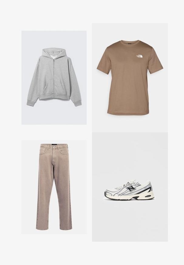 Sivá zipsová mikina vyrobená z mäkkého materiálu, má kapucňu, rebrované manžety a predné vrecká s voľným strihom. Značka: WEEKDAY.; Hnedé tričko s krátkym rukávom vyrobené z bavlny s rebrovaným okrúhlym výstrihom. Obsahuje malé biele logo na ľavej strane hrude.; Béžové rovné džínsy vyrobené z denimu, s klasickým dizajnom piatich vreciek, prešitými detailami a čistým ukončením lemu.; Biele a šedé atletické tenisky s čiernym logom "N", sieťovaným zvrškom, polstrovanou podrážkou a šnurovacím dizajnom, zobrazené na jednoduchom svetlo šedom pozadí.