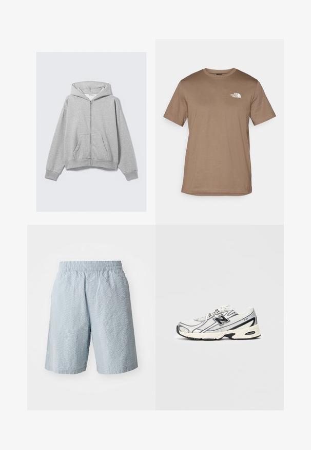 Grå lynlås hoodie lavet af blødt stof, med hætte, ribbede manchetter og frontlommer med en afslappet pasform. Mærke: WEEKDAY.; Brun kortærmet T-shirt lavet af bomuld med ribbet rund hals. Har et lille hvidt logo på venstre brystområde.; Lyseblå shorts med en struktureret stof, elastisk talje og sidelommer. Designet har en løs pasform og en knælængde.; Hvid og grå atletisk sneakers med sort "N" logo, mesh-overdel, polstret sål og snørebåndsdesign, vist på en ensfarvet lys grå baggrund.