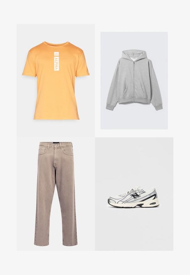 Harmaa zip-up huppari pehmeästä kankaasta, jossa on huppu, ribbikujat ja etutaskut rentoa mallia. Merkki: WEEKDAY.; Lyhythihainen, oranssi t-paita, joka on tehty puuvillasta ja jossa on pyöreä kaula-aukko. Edessä on pystysuora valkoinen "ALPHA" -grafiikka.; Vaaleanbeiget suora lahje -farkut, joissa on hieman haalistunut tekstuuri, viisipokkoinen muotoilu ja metallinen napin suljin. Korostetut saumausdetaljit.; Valkoiset ja harmaat urheilukengät mustalla "N"-logolla, verkkomateriaali yläosassa, pehmustettu pohja ja nauhakiinnitys, esitelty vaaleanharmaalla taustalla.