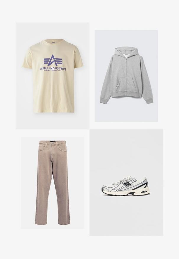 Pilkas užtrauktukas džemperis, pagamintas iš minkštos medžiagos, su gobtuvu, raukšlėtais rankogaliais ir priekinėmis kišenėmis, laisvo kirpimo. Etiketė: WEEKDAY.; Bežinė medvilninė marškinė su apvaliu kaklu, turi purpurinę grafikos logotipą ir užrašą "ALPHA INDUSTRIES, KNOXVILLE, TENNESSEE, JAV."; Bežinės tiesių kojų džinsai, pagaminti iš džinsinio audinio, su klasikinio penkių kišenių dizainu, siuvinėjimo akcentais ir tvarkingai apdirptu kraštu.; Baltos ir pilkos sportinės kedėlės su juodu "N" logotipu, tinklinis viršus, minkštas padais ir lace-up dizainas, rodomos ant paprasto šviesiai pilko fono.