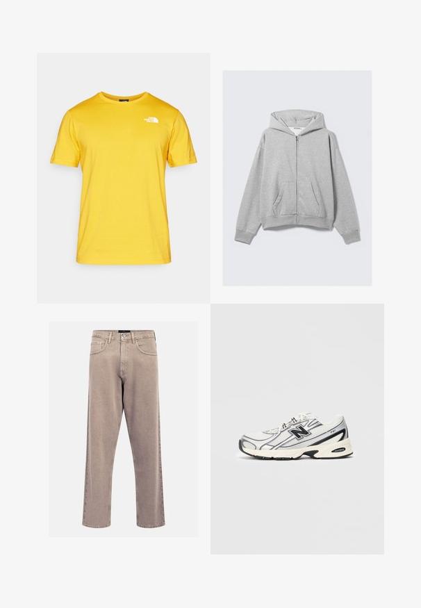 Šedá mikina na zip z měkké látky, s kapucí, ribovanými manžetami a předními kapsami, s uvolněným střihem. Nálepka: WEEKDAY.; Žluté bavlněné tričko s krátkým rukávem, kulatým výstřihem a bílým logem na levé hrudi. Tkanina vypadá hladce a lehce.; Beige džíny rovného střihu vyrobené z denimu, s klasickým designem pěti kapes, prošitými akcenty a čistým zakončením nohavic.; Bílé a šedé sportovní tenisky s černým logem "N", síťovaným svrchním materiálem, polstrovanou podrážkou a šněrovacím designem, zobrazené na jednoduchém světle šedém pozadí.