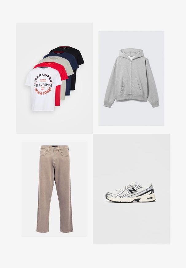 Hallide halliga pehme kangaga hall zip-up kapuutsiga, ribitud mansettide ja esikottidega, pakkudes mugavat istuvust. Silt: WEEKDAY.; Viis ümarat kaelusega T-särki valges, punases, hallis, tumesinis ja mustas värvuses; valgel särgil on graafiline tekst; puuvillane materjal, lühikesed varrukad.; Beezid sirgedega teksased, millel on klassikaline viie tasku disain, õmblusaktsendid ja puhas ääreviimistlus.; Valge ja hall spordijalats musta "N" logoga, võrgusilmast ülemine osa, pehmendusega tallad ja lipsudega disain, esitatud heledal hallil taustal.