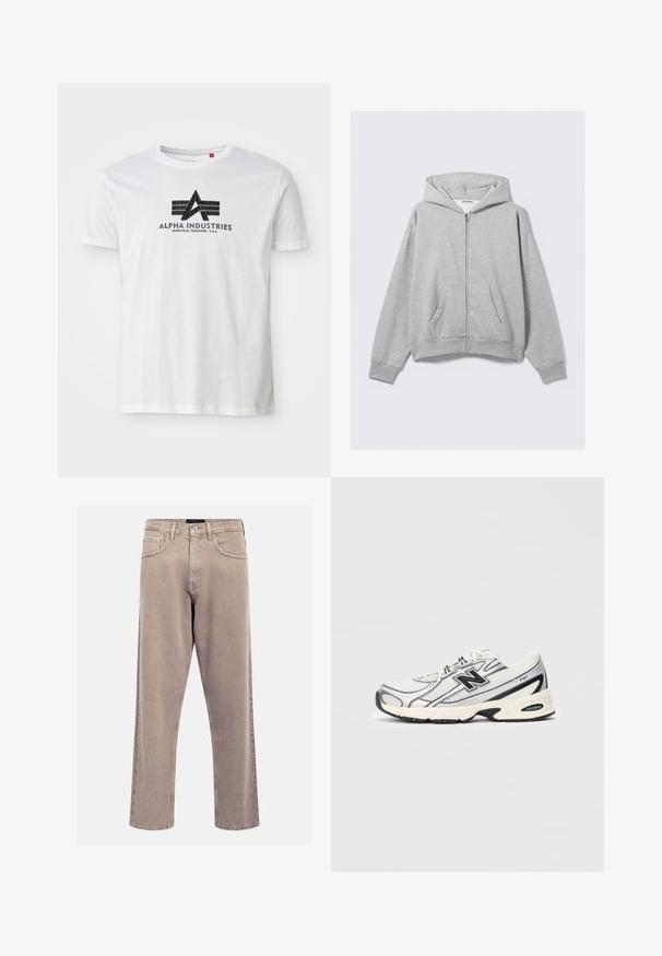 Šedá mikina na zip z měkké látky, s kapucí, ribovanými manžetami a předními kapsami, s uvolněným střihem. Nálepka: WEEKDAY.; Bílý bavlněný tričko s černým grafickým logem obsahujícím písmeno "A" a dvě vodorovné pruhy, označené "Alpha Industries" a detaily umístění níže.; Beige džíny rovného střihu vyrobené z denimu, s klasickým designem pěti kapes, prošitými akcenty a čistým zakončením nohavic.; Bílé a šedé sportovní tenisky s černým logem "N", síťovaným svrchním materiálem, polstrovanou podrážkou a šněrovacím designem, zobrazené na jednoduchém světle šedém pozadí.