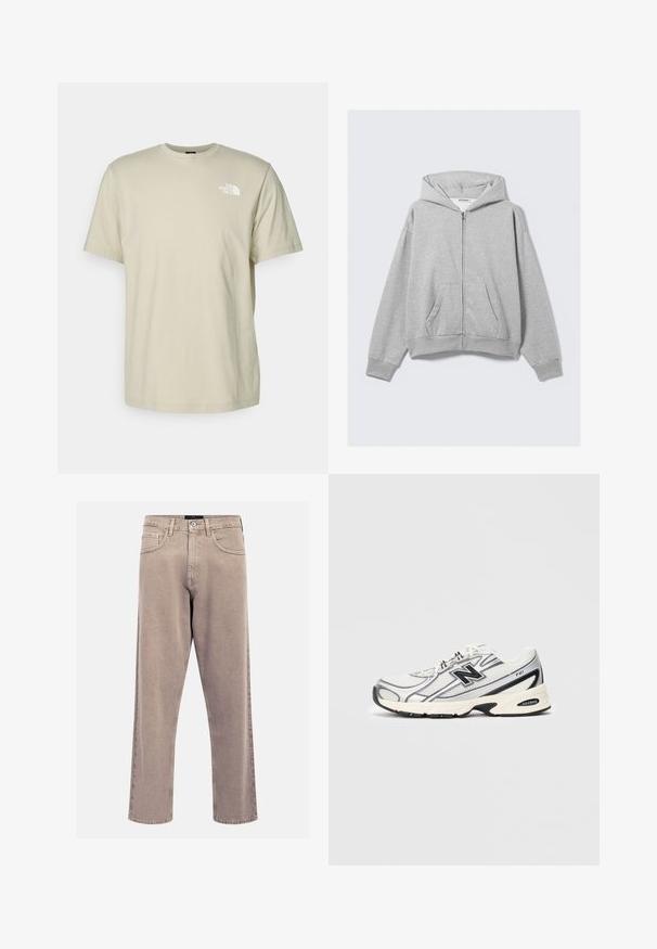 Šedá mikina na zip z měkké látky, s kapucí, ribovanými manžetami a předními kapsami, s uvolněným střihem. Nálepka: WEEKDAY.; Tee s krátkým rukávem a kulatým výstřihem v světle béžové barvě z bavlny, se malým bílým logem na levém prsu. Hladká textura a volný střih.; Beige džíny rovného střihu vyrobené z denimu, s klasickým designem pěti kapes, prošitými akcenty a čistým zakončením nohavic.; Bílé a šedé sportovní tenisky s černým logem "N", síťovaným svrchním materiálem, polstrovanou podrážkou a šněrovacím designem, zobrazené na jednoduchém světle šedém pozadí.