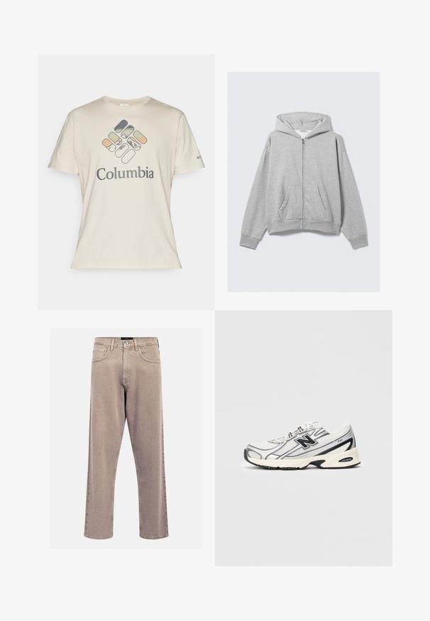 Grå hettejakke med glidelås laget av myk stoff, med hette, ribbede mansjetter og frontlommer med en avslappet passform. Merke: WEEKDAY.; Kremfarget bomulls t-skjorte med korte ermer, med et flerfarget geometrisk logo og "Columbia" tekst på fronten.; Beige straight-leg jeans laget av denim, med et klassisk fem-lomme-design, stikkingdetaljer og en ren hemfinnish.; Hvit og grå idrettssko med svart "N"-logo, mesh-overdel, polstret såle og snøredesign, vist på ensfarget lys grå bakgrunn.