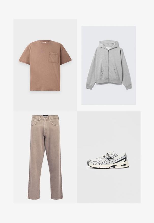 Grå lynlås hoodie lavet af blødt stof, med hætte, ribbede manchetter og frontlommer med en afslappet pasform. Mærke: WEEKDAY.; Kortærmet t-shirt med rund hals i lys brun bomuld, der har en enkelt brystlomme og en subtil struktur. Lige pasform med rene kanter.; Lyse beige jeans med lige ben, en let falmet tekstur, design med fem lommer og lukning med metalknap. Fremtrædende syningsdetaljer.; Hvid og grå atletisk sneakers med sort "N" logo, mesh-overdel, polstret sål og snørebåndsdesign, vist på en ensfarvet lys grå baggrund.
