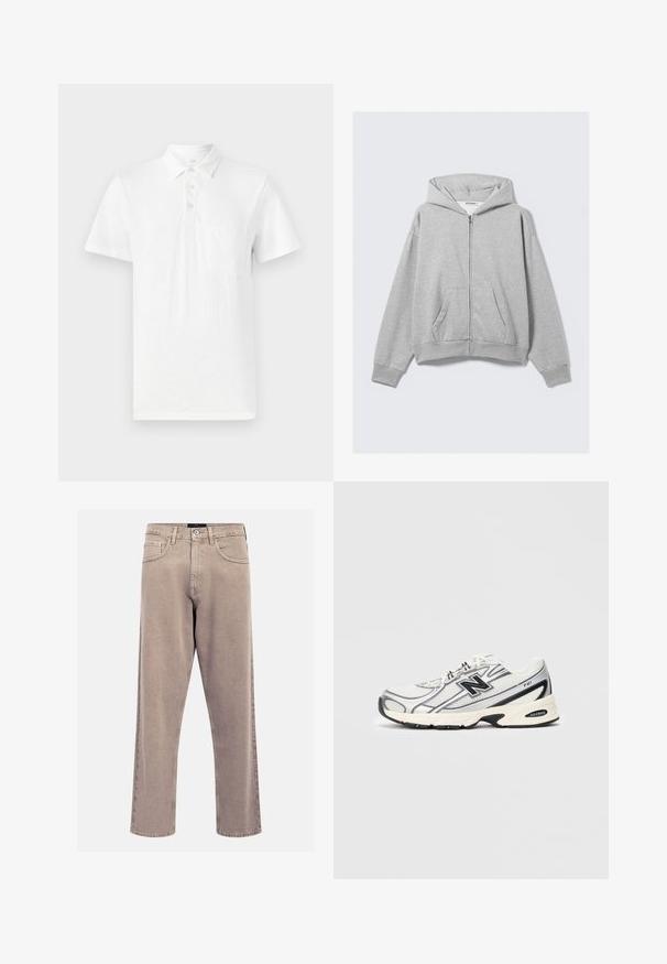 Szürke zipzáras kapucnis pulóver, puha anyagból készült, kapucnival, bordázott mandzsettákkal és elülső zsebekkel, laza szabással. Címke: WEEKDAY.; Fehér, rövid ujjú pólóing, puha anyagból készült. Három gombos záródással és bal oldali mellzsebbel rendelkezik.; Vaj színű egyenes szabású farmernadrág, klasszikus öt zsebes dizájnnal, varrott részletekkel és letisztult szegéllyel.; Fehér és szürke sportcipő fekete "N" logóval, hálós felsőrész, párnázott talp és fűzős kialakítás, világos szürke háttér előtt.