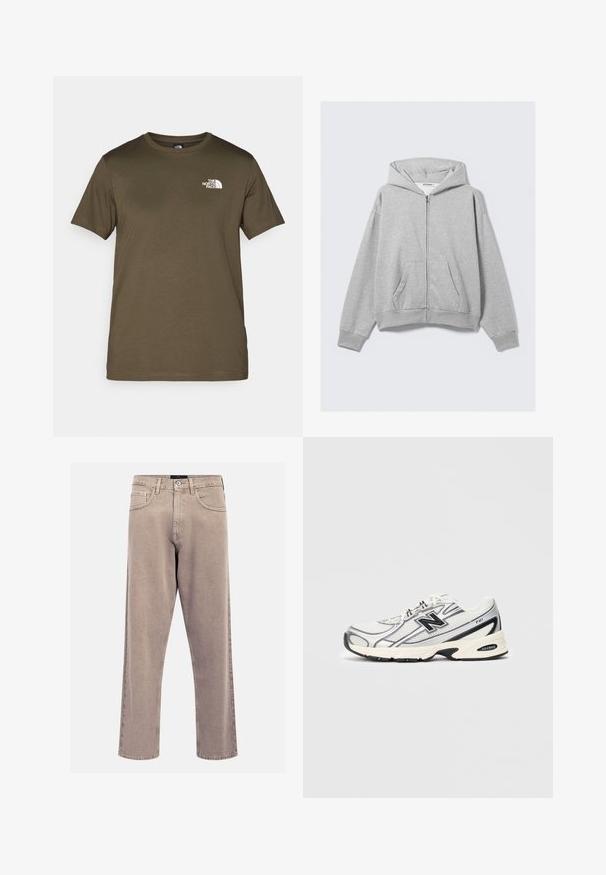 Grauer Reißverschluss-Hoodie aus weichem Stoff, mit Kapuze, gerippten Bündchen und Fronttaschen in lässiger Passform. Etikett: WEEKDAY.; Olivegrünes Baumwoll-T-Shirt mit kurzen Ärmeln, Rundhalsausschnitt und einem weißen Logo auf der linken Brust. Glattes Stoffgefühl, normale Passform.; Beige gerade geschnittene Jeans aus Denim, mit einem klassischen Fünf-Taschen-Design, genähten Akzenten und einem sauberen Saumfinish.; Weißer und grauer Sportschuh mit schwarzem "N"-Logo, Obermaterial aus Mesh, gepolsterter Sohle und Schnürdesign, auf einem einfachen hellgrauen Hintergrund abgebildet.