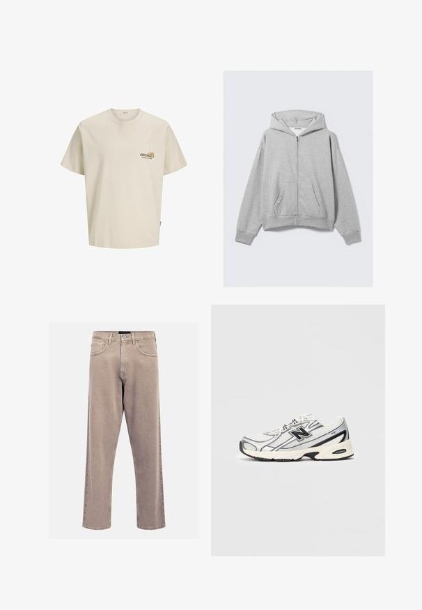 Pelēks zip-pulovers, izgatavots no mīksta auduma, ar kapuci, ribotas aproces un priekšējām kabatām, ar brīvu piegriezumu. Marķējums: WEEKDAY.; Gai krēmkrāsas kokvilnas krekls ar īsām piedurknēm, apaļo apkakli un drukātu logotipu, kas uz krūtīm vēsta "ORIGINALS ESTABLISHED IN 1900".; Bežīgas taisnas kājas džinsi, izgatavoti no denima, ar klasisku piecu kabatu dizainu, šūtām akcentiem un tīru apakšmalu apdari.; Baltā un pelēkā sporta apavu ar melno "N" logo, mitrumizturīgs augšējais slānis, mīksts zolē un saistīšanas dizains, attēlots uz vienkārša gaiši pelēka fona.