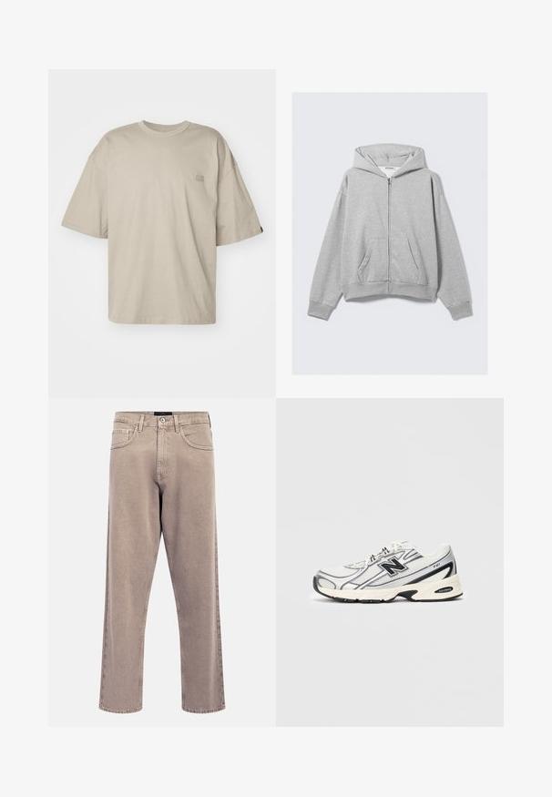 Pelēks zip-pulovers, izgatavots no mīksta auduma, ar kapuci, ribotas aproces un priekšējām kabatām, ar brīvu piegriezumu. Marķējums: WEEKDAY.; Bežs pārāk liels t-krekls, izgatavots no kokvilnas, ar apaļu apkakli un īsām piedurknēm, ar mazu logotipa detaļu kreisajā krūtī.; Gaismas bēša taisnu kāju džinsi ar viegli izbalējušu tekstūru, piecu kabatu dizainu un metāla pogas aizdari. Izteiktas šūšanas detaļas.; Baltā un pelēkā sporta apavu ar melno "N" logo, mitrumizturīgs augšējais slānis, mīksts zolē un saistīšanas dizains, attēlots uz vienkārša gaiši pelēka fona.