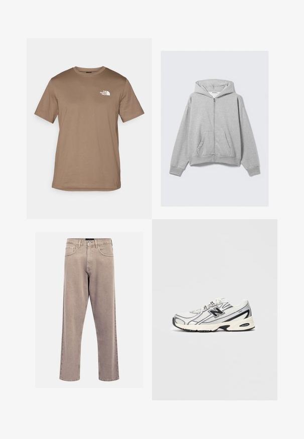 Sivá zipsová mikina vyrobená z mäkkého materiálu, má kapucňu, rebrované manžety a predné vrecká s voľným strihom. Značka: WEEKDAY.; Hnedé tričko s krátkym rukávom vyrobené z bavlny s rebrovaným okrúhlym výstrihom. Obsahuje malé biele logo na ľavej strane hrude.; Béžové rovné džínsy vyrobené z denimu, s klasickým dizajnom piatich vreciek, prešitými detailami a čistým ukončením lemu.; Biele a šedé atletické tenisky s čiernym logom "N", sieťovaným zvrškom, polstrovanou podrážkou a šnurovacím dizajnom, zobrazené na jednoduchom svetlo šedom pozadí.