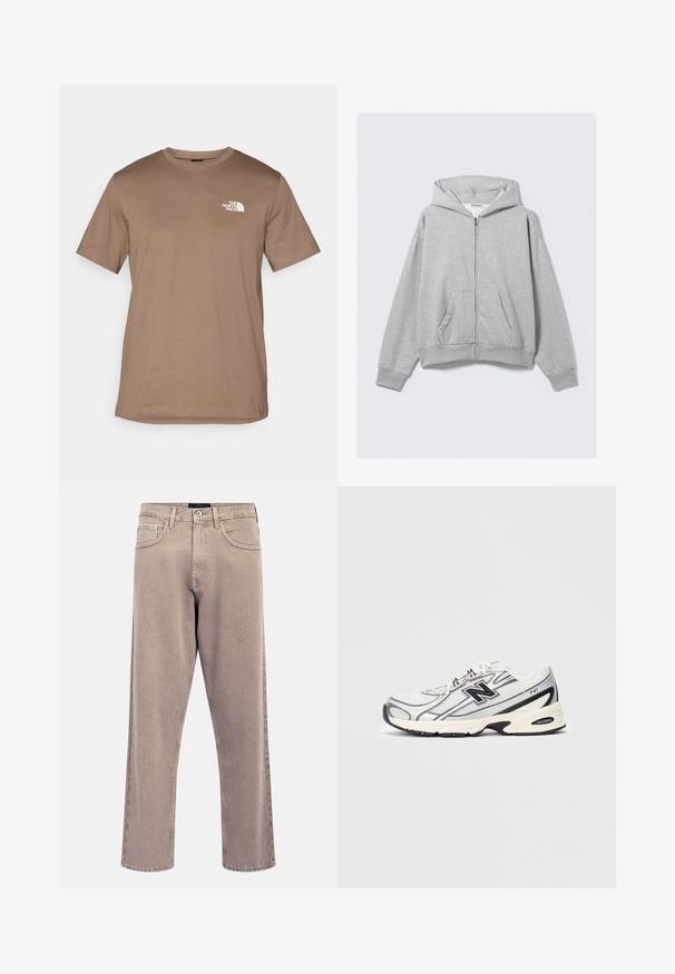Gray zip-up hoodie made of soft fabric, featuring a hood, ribbed cuffs, and front pockets with a relaxed fit. Label: WEEKDAY.; Brown short-sleeve T-shirt made of cotton with a ribbed crew neck. Features a small white logo on the left chest area.; Light beige straight-leg jeans with a slightly faded texture, five-pocket design, and metal button closure. Prominent stitching details.; White and gray athletic sneaker with black "N" logo, mesh upper, cushioned sole, and lace-up design, shown on plain light gray background.