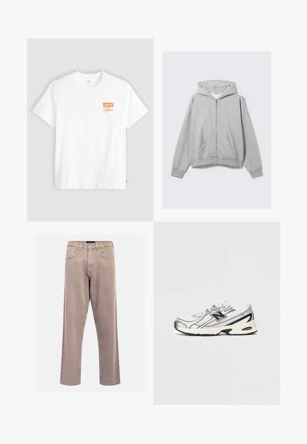 Pilkas užtrauktukas džemperis, pagamintas iš minkštos medžiagos, su gobtuvu, raukšlėtais rankogaliais ir priekinėmis kišenėmis, laisvo kirpimo. Etiketė: WEEKDAY.; Balta medvilnės marškinėliai su trumpomis rankovėmis ir apvalia iškirpte. Kairėje krūtinės pusėje yra oranžinis Levi's California logotipas.; Bežinės tiesių kojų džinsai, pagaminti iš džinsinio audinio, su klasikinio penkių kišenių dizainu, siuvinėjimo akcentais ir tvarkingai apdirptu kraštu.; Baltos ir pilkos sportinės kedėlės su juodu "N" logotipu, tinklinis viršus, minkštas padais ir lace-up dizainas, rodomos ant paprasto šviesiai pilko fono.