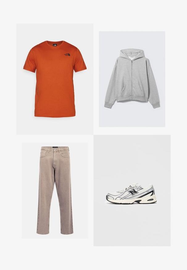 Šedá mikina na zip z měkké látky, s kapucí, ribovanými manžetami a předními kapsami, s uvolněným střihem. Nálepka: WEEKDAY.; The North Face BOX CELEBRATION TEE - Triko s potiskem - earthen copper; Beige džíny rovného střihu vyrobené z denimu, s klasickým designem pěti kapes, prošitými akcenty a čistým zakončením nohavic.; Bílé a šedé sportovní tenisky s černým logem "N", síťovaným svrchním materiálem, polstrovanou podrážkou a šněrovacím designem, zobrazené na jednoduchém světle šedém pozadí.