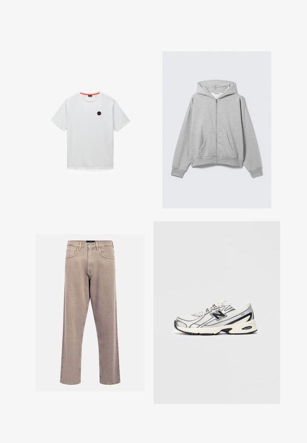Hallide halliga pehme kangaga hall zip-up kapuutsiga, ribitud mansettide ja esikottidega, pakkudes mugavat istuvust. Silt: WEEKDAY.; Valge puuvillane T-särk, millel on lühikesed varrukad, ümar kaelus ning musta ja punaste detailidega ringikujuline logo rinnal.; Beezid sirgedega teksased, millel on klassikaline viie tasku disain, õmblusaktsendid ja puhas ääreviimistlus.; Valge ja hall spordijalats musta "N" logoga, võrgusilmast ülemine osa, pehmendusega tallad ja lipsudega disain, esitatud heledal hallil taustal.