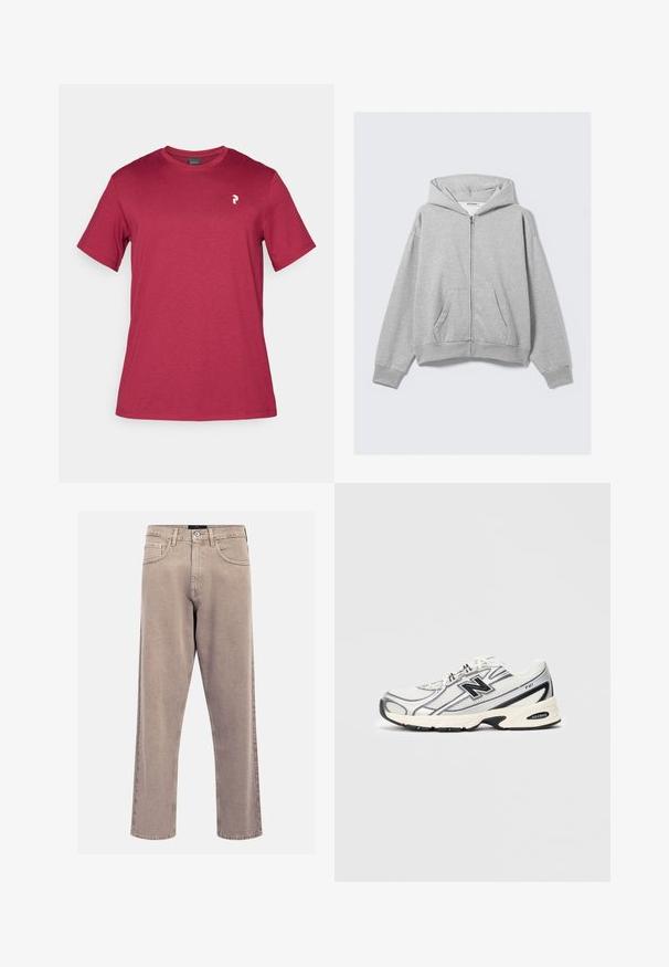 Siva zip-up kapuca iz mehkega blaga, z kapuco, rebrastimi manšeti in sprednjimi žepi ter sproščenim krojem. Oznaka: WEEKDAY.; Bordo bombažna majica s kratkimi rokavi, okroglo ovratnikom in majhnim belim logotipom na levi strani prsnega dela. Gladka tekstura in sproščen dizajn.; Bež kavbojke ravnega kroja, izdelane iz denima, s klasičnim dizajnom petih žepov, šivanimi detajli in čistim robom.; Beli in sivi športni copat z črnim logotipom "N", mrežasto zgornjim delom, podplatom z oblazinjenjem in vezalnim dizajnom, prikazan na enobarvnem svetlo sivo ozadju.