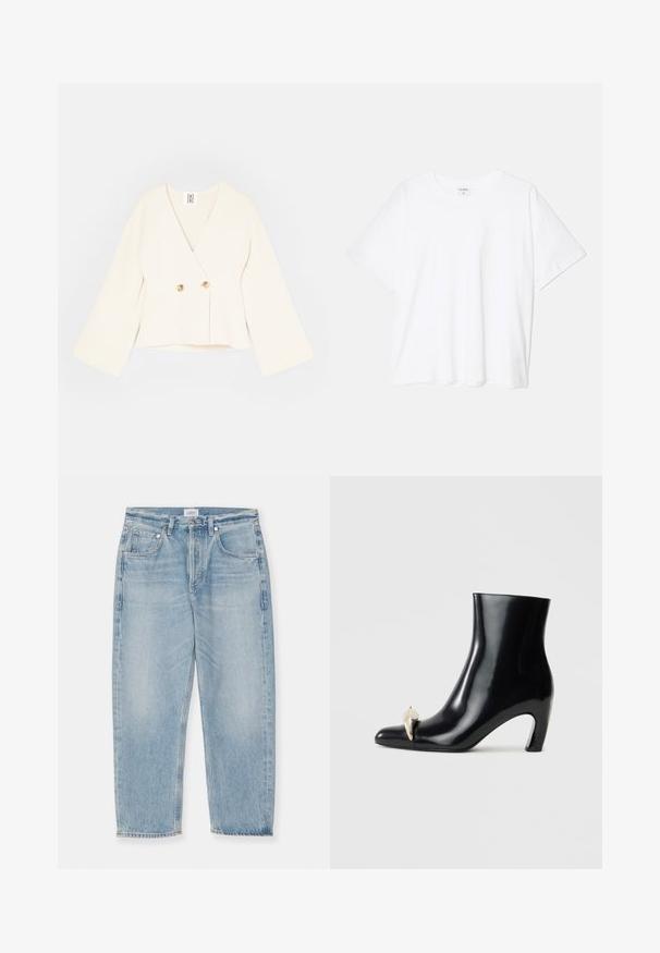 Krämfärgad kort wrapjacka med djup V-hals, långa vida ärmar och två gyllene knappstängningar. Mjuk, strukturerad tyg.; Vit bomull t-shirt med kort ärm, rund halsringning, avslappnad passform och söm i nederkant. Etikett synlig på insidan av halsen.; Ljusblå denimjeans med ett slitet utseende, raka ben, fem fickor och knäppning. Rå nederkant vid anklarna.; Svarta ankelstövlar i glänsande läder, med spetsig tå och en dekorativ guld- och silverdetalj framtill. Blockklackdesign.