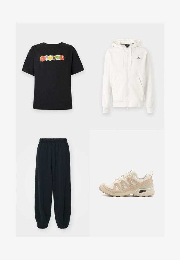 Bela zip-up kapuca s kapuco, sprednjimi žepi, vrvicami in majhnim črnim Jumpman logotipom na levi prsni strani.; Črna majica s kratkimi rokavi in okroglim izrezom, s pisanimi grafičnimi podobami biljardnih kroglic in besedo "VOLCOM" čez prsa.; Črne, elastične hlače za prosti čas z ohlapnim krojem, manšetami na gležnjih, gladko teksturo in brez vidnih vzorcev ali dodatkov.; Bež in krem športni čevlji z teksturiranim mrežastim zgornjim delom, podpornimi prekrivali in gumijastim podplatom z vzorcem za oprijem.