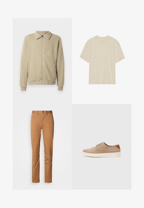 Beżowa bluza polarowa na zamek z kołnierzem, prążkowanymi mankietami i dołem, z kieszeniami po bokach oraz miękką teksturą materiału.; Kremowa, krótko rękawowa koszulka z delikatną teksturą w paski i okrągłym dekoltem, wykonana z lekkiego materiału.; Wąskie spodnie w kolorze khaki z zapięciem na guziki i zamek, szlufkami na pasek oraz bocznymi kieszeniami na białym tle.; Beżowe zamszowe sneakersy z okrągłym noskiem, sznurowanym przodem i teksturowanym akcentem na tyle. Biała gumowa podeszwa tworzy kontrast. Prosty i nowoczesny design.