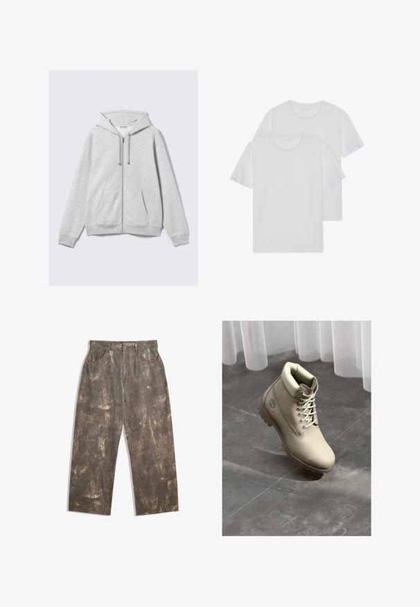 Jasnoszara bluza z kapturem na zamek błyskawiczny, z sznurkami ściągającymi i przednimi kieszeniami, wyeksponowana na białym tle.; Dwie białe bawełniane koszulki z okrągłymi dekoltami, krótkimi rękawami i miękką teksturą. Obie są w jednolitym kolorze i nie mają widocznych wzorów ani elementów metalowych.; Brązowe dżinsy z wyblakłym, zużytym wzorem. Luźny krój, z pięcioma kieszeniami i zapięciem na guziki z przodu.; Beżowe buty robocze na sznurówki z miękkim kołnierzem i grubą podeszwą na szarym płytkach podłogowych pod białymi przezroczystymi zasłonami.