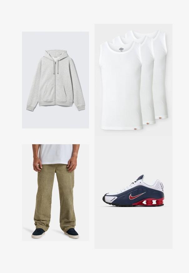Felpa leggera grigia con zip, dotata di coulisse e tasche frontali, mostrata distesa su uno sfondo bianco.; Tre canotte bianche in cotone rigato. Ognuna ha un collo rotondo e un piccolo logo cucito sull'orlo. Design classico e semplice.; Pantaloni in corduroy verde oliva con vestibilità rilassata, caratterizzati da gambe dritte, tasche laterali e una texture visibile grazie al tessuto rigato.; Scarpa sportiva bianca e blu navy con accenti rossi, pannelli in rete, collo imbottito e design distintivo della suola con unità di imbottitura visibili.