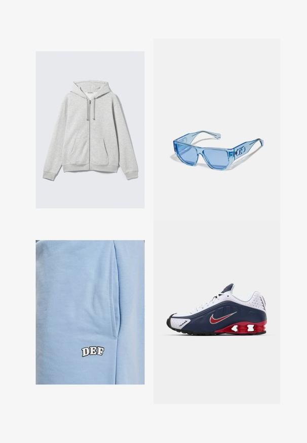 Felpa leggera grigia con zip, dotata di coulisse e tasche frontali, mostrata distesa su uno sfondo bianco.; Cinque camicie a maniche lunghe in una gradazione di colori: blu scuro, blu, verde oliva, beige e bianco. Ognuna ha un collo rotondo e una texture liscia.; DEF Shorts - blue; Scarpa sportiva bianca e blu navy con accenti rossi, pannelli in rete, collo imbottito e design distintivo della suola con unità di imbottitura visibili.; Occhiali da sole blu con montatura in plastica trasparente, forma angolare e lenti azzurre. Presentano dettagli del logo sulle aste.
