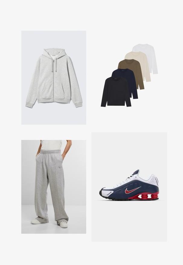 Gaiši pelēks ar rāvējslēdzēju aizdare džemperis ar auklītēm un priekšējām kabatām, izvietots plakani pret baltu fona.; Pieci garās piedurknes krekli krāsu gradientā: tumši zils, zils, olīvzaļš, bēšs un balts. Katram ir apaļa kakla izgriezums un gluda tekstūra.; Pelēki svārki, kas izgatavoti no mīksta auduma, ar elastīgu jostasvietu, sānu kabatām un izšūtu logotipu kreisajā gurnā. Plašs kāju dizains.; Baltā un tumši zilā sporta apava ar sarkanu akcentu, ar sietu paneļiem, mīkstu apkakli un izteiksmīgu zoles dizainu, kam ir redzamas amortizācijas vienības.