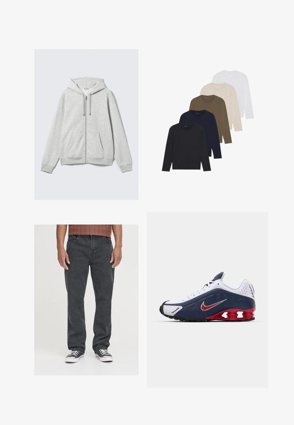 Light gray zip-up hoodie with drawstrings and front pockets, displayed flat against a white background.; Five long-sleeve shirts in a gradient of colors: dark navy, navy, olive green, beige, and white. Each has a round neck and a smooth texture.; Black denim jeans with a straight leg fit, featuring front pockets, a zipper fly, and subtle texture. Worn with black and white sneakers.; White and navy athletic shoe with red accent, mesh panels, padded collar, and distinctive sole design featuring visible cushioning units.