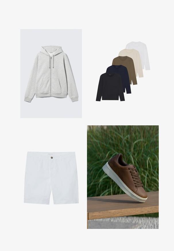 Hea hall tõmblukuhoodie, millel on nöörid ja ees taskud, esitletud lamedalt valge tausta vastu.; Viis pikkade varrukatega särki värvigraadiga: tume laevastiku sinine, laevastiku sinine, oliiviroheline, beež ja valge. Igal särgil on ümar kaelus ja sile tekstuur.; Valged puuvillased lühikesed püksid, millel on eesnupu sulgemine, kaks külgtaskut ja sirge lõige. Brändi silt "Pier One" vöökoha juures.; Pruun nahast tenniseking valge kummist tallaga, ümar varvas ja pruunid laced. Talla tekstuuriline haardepind ja ülemise sile pind.