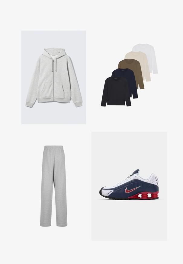 Svijetlosiva majica s patentnim zatvaračem, s vezicama i prednjim džepovima, prikazana ravno na bijeloj pozadini.; Pet dugih rukava u gradijentu boja: tamnoplava, plava, maslinasta, bež i bijela. Svaka majica ima okrugli izrez i glatku teksturu.; Karl Kani ELLIPSE STRAIGHT LEG - Donji dijelovi trenirke - grey melange; Bijela i mornarsko plava sportska cipela s crvenim naglaskom, mrežastim panelima, podstavljenim ovratnikom i prepoznatljivim dizajnom potplata koji uključuje vidljive jedinice za ublažavanje udaraca.