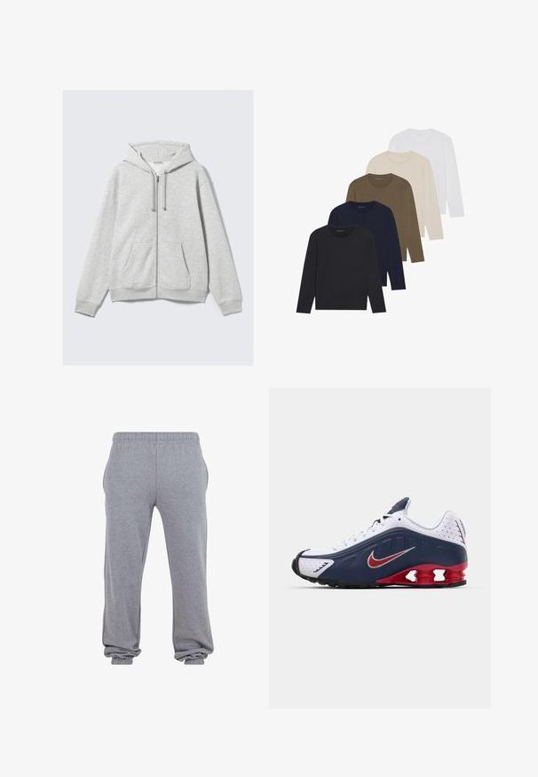 Sudadera con cremallera de color gris claro, con cordones y bolsillos frontales, exhibida de forma plana sobre un fondo blanco.; Cinco camisetas de manga larga en un degradado de colores: azul marino oscuro, azul marino, verde oliva, beige y blanco. Cada una tiene un cuello redondo y una textura suave.; Pantalones de chándal grises hechos de una tela suave, con una cinturilla elástica, bolsillos laterales y puños ajustados en el tobillo para un ajuste cómodo.; Zapatilla deportiva blanca y marino con acento rojo, paneles de malla, cuello acolchado y un diseño de suela distintivo que presenta unidades de amortiguación visibles.