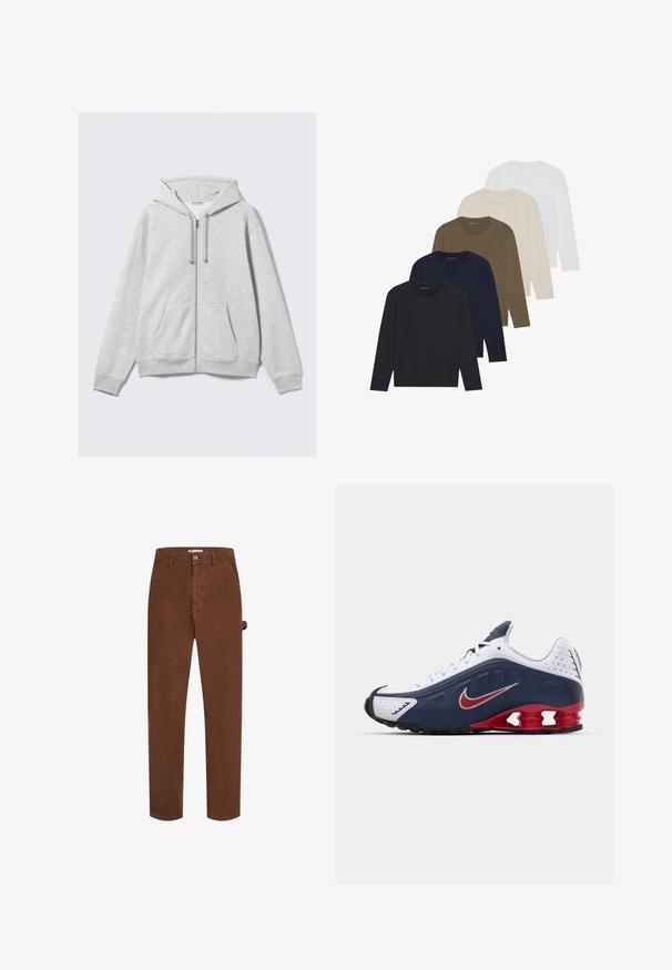 Gaiši pelēks ar rāvējslēdzēju aizdare džemperis ar auklītēm un priekšējām kabatām, izvietots plakani pret baltu fona.; Pieci garās piedurknes krekli krāsu gradientā: tumši zils, zils, olīvzaļš, bēšs un balts. Katram ir apaļa kakla izgriezums un gluda tekstūra.; Brūni korduroja bikses ar taisnu griezumu, priekšējo pogu aizdari un vienu sānu cilpu detaļu. Audums izceļas ar mīkstu, faktūrētu virsmu.; Baltā un tumši zilā sporta apava ar sarkanu akcentu, ar sietu paneļiem, mīkstu apkakli un izteiksmīgu zoles dizainu, kam ir redzamas amortizācijas vienības.