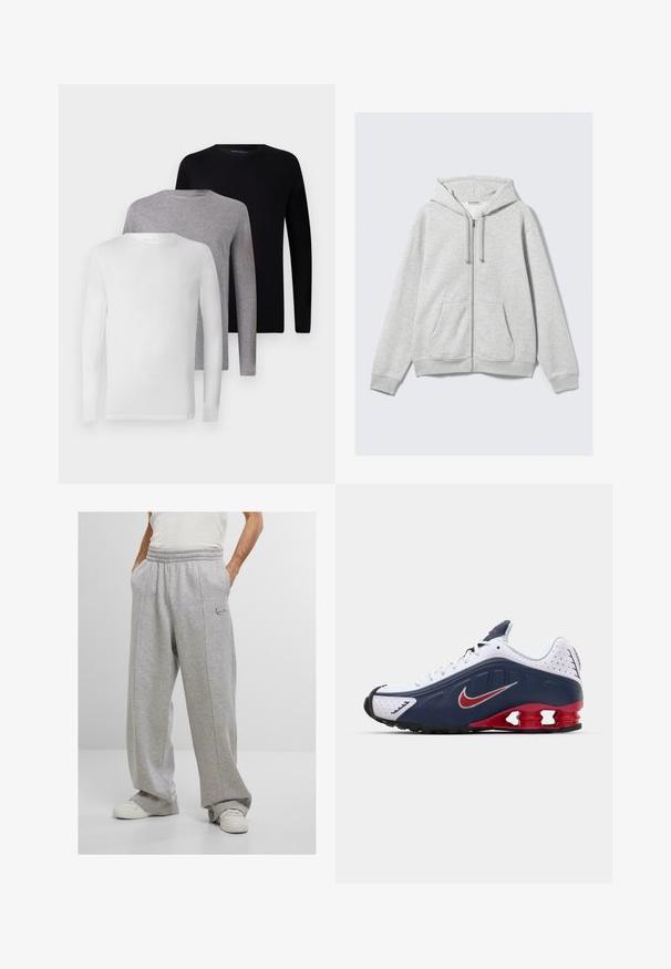 Hea hall tõmblukuhoodie, millel on nöörid ja ees taskud, esitletud lamedalt valge tausta vastu.; Viie pika varrukaga T-särgi komplekt: must, valge, hall. Valmistatud puuvillast, ümmarguse kaelusega ja lihtsa kujundusega, ilma kaunistusteta.; Hallid hallid dressipüksid, mis on valmistatud pehmest kangast, elastse vöökoha, küljetaskute ja vasaku puusa küljel tikandiga logoga. Lai sääre disain.; Valge ja navy sinine spordijalats punaste accentidega, võrkmaterjalist paneelid, pehmendustega krae ja eristuv talladisain, mis sisaldab nähtavaid pehmenduselemente.