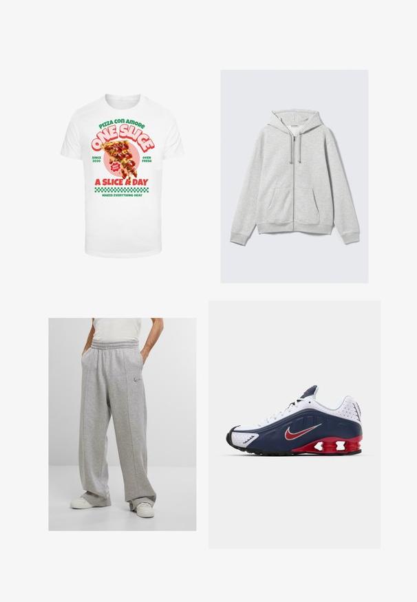Lys grå zip-up hættetrøje med snor og frontlommer, vist fladt mod en hvid baggrund.; Hvid t-shirt med grafisk print af en pizzaslice med pepperoni, ledsaget af farverig tekst og et ternet mønster nederst.; Grå sweatpants lavet af blødt stof, med elastisk talje, sidelommer og broderet logo på venstre hofte. Bred ben design.; Hvide og marineblå atletiske sko med røde detaljer, netpaneler, polstret krave og et særpræget såledesign med synlige støddæmpningsenheder.