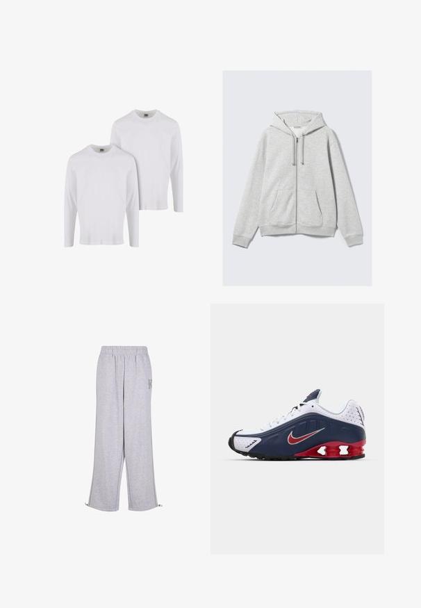 Gaiši pelēks ar rāvējslēdzēju aizdare džemperis ar auklītēm un priekšējām kabatām, izvietots plakani pret baltu fona.; Divi garajiem piedurknēm baltie T-krekli, izgatavoti no kokvilnas. Ar apaļu kakla izgriezumu un ribotām aprocēm. Vienkāršs dizains, bez rakstiem vai akcentiem.; Karl Kani Treniņtērpa apakšdaļas - grey; Baltā un tumši zilā sporta apava ar sarkanu akcentu, ar sietu paneļiem, mīkstu apkakli un izteiksmīgu zoles dizainu, kam ir redzamas amortizācijas vienības.